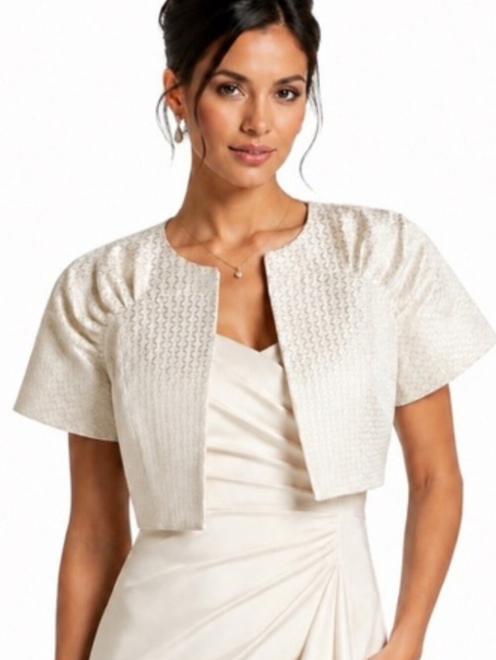 Calvin Klein Cream Shimmer Cropped Bolero Jacket Ruched Shoulder Size Large